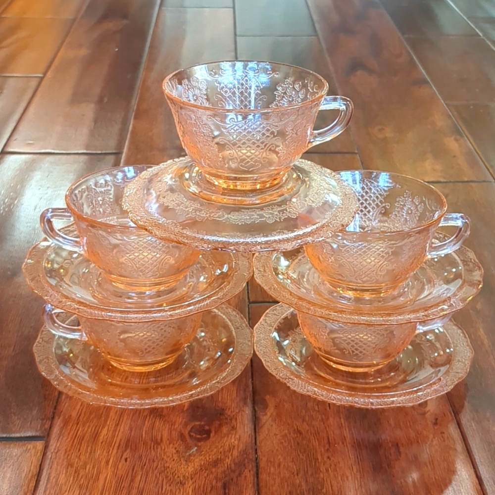 Federal Normandie Lattice & Floral Pink Depression cups and saucers